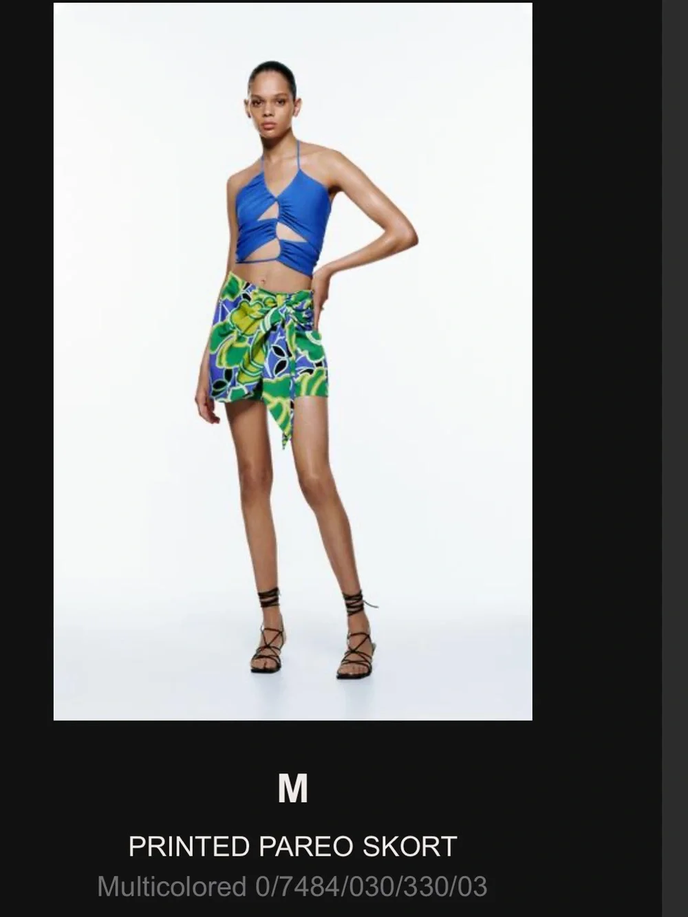 ZARA Printed Pareo Skort Wrap Mini Skirt Shorts Green Blue Floral Size M